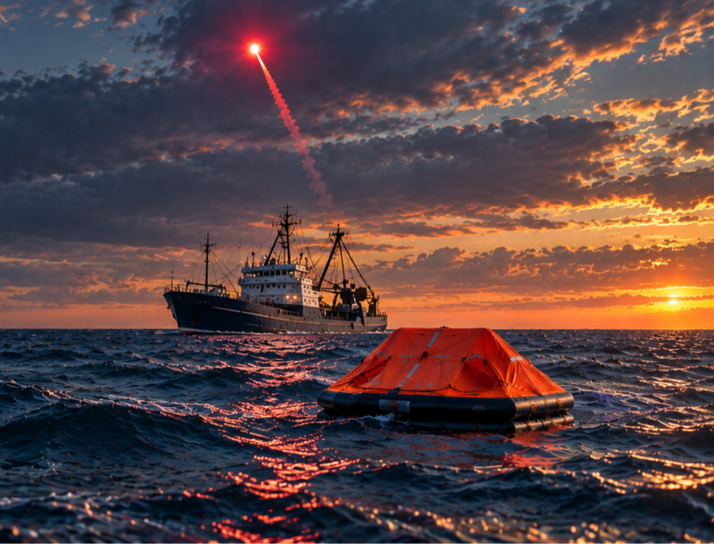 FitzWright Liferaft with Fishing Vessel and Distress Signal