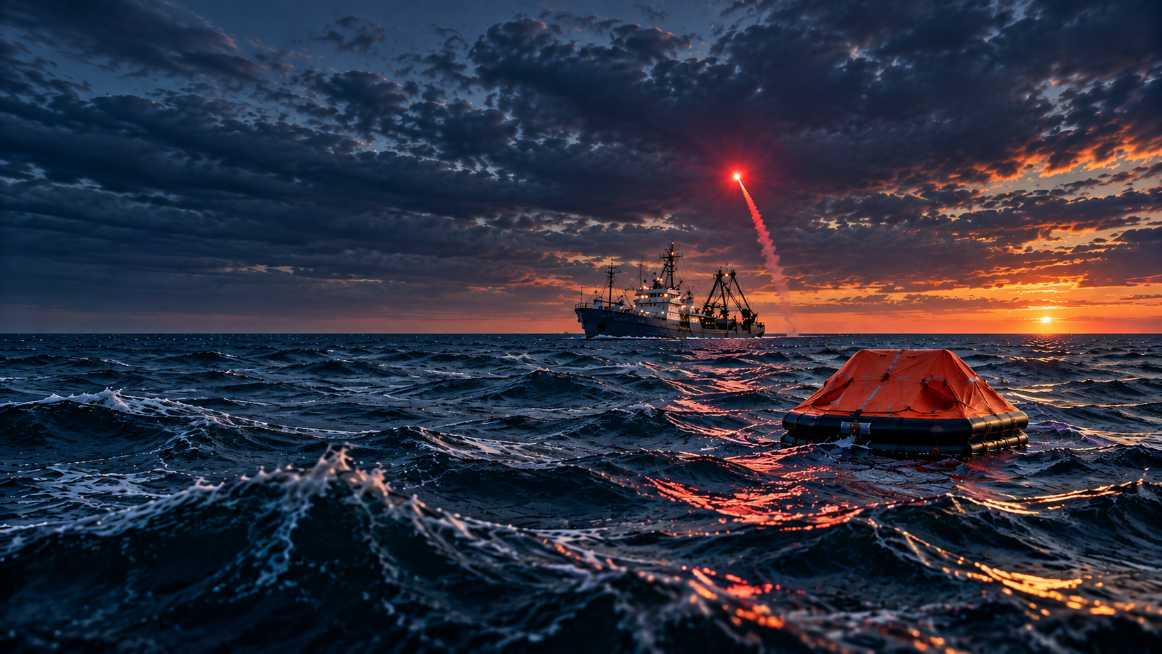FitzWright Liferaft with Fishing Vessel and Distress Signal