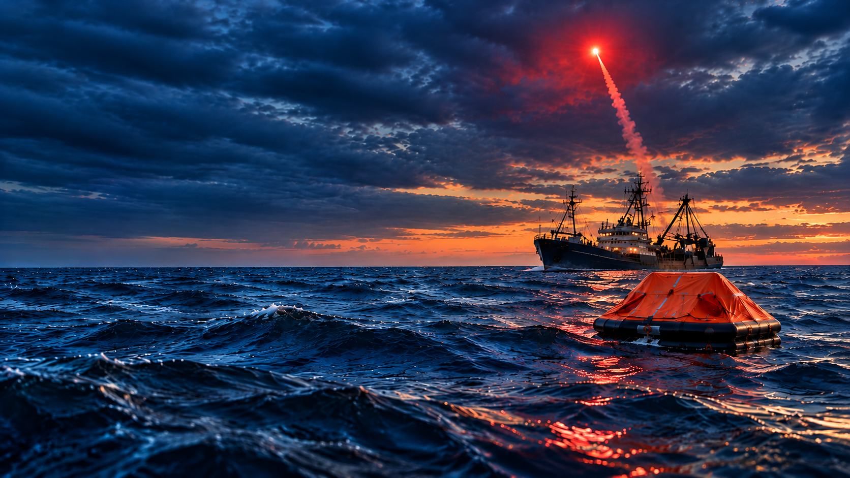 FitzWright Liferaft with Fishing Vessel and Distress Signal