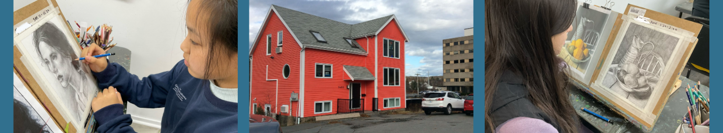 Fine Art Classes studio montage: youth class, red studio building at 1480 Bedford Highway, and adult class