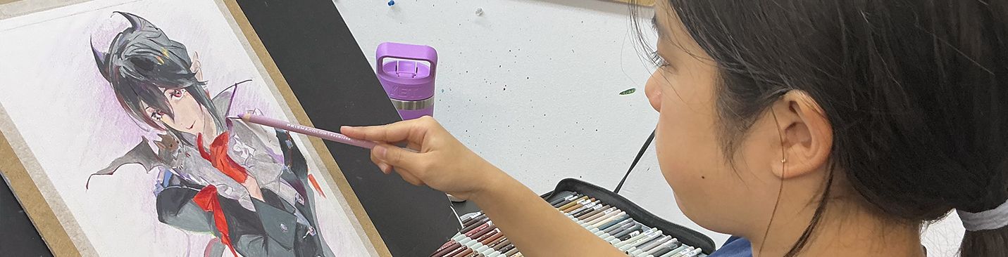 Teen student painting yellow roses at an easel in the Bedford art studio
