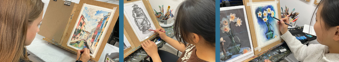 Student painting an ocean and cliffside landscape on canvas at an easel in the Fine Art Classes Bedford studio